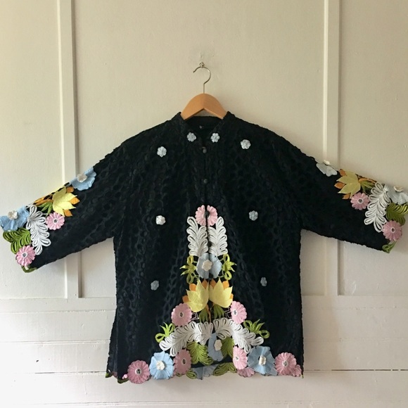 Vintage Floral Lace Embroidered Multicolor Kimono Jacket Tunic Blouse Top - Picture 3 of 8